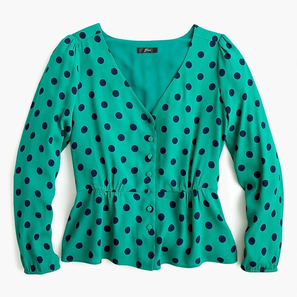 J. Crew peplum top in crepe polka dot NAVY BLUE